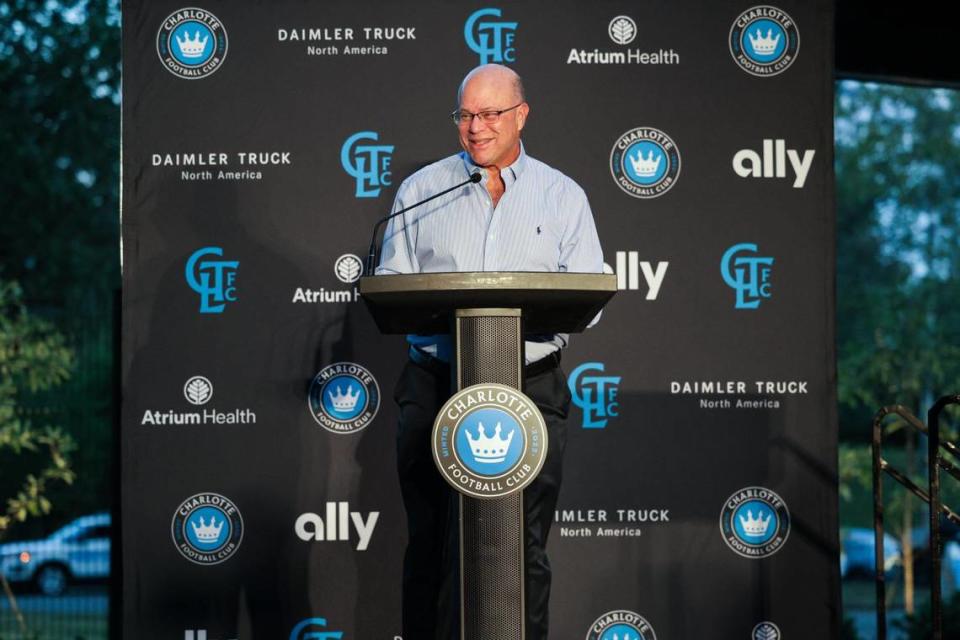 Charlotte FC owner David Tepper delivers remarks at the team’s Oct. 10 grand opening of a state of the art training facility, Atrium Health Performance Park.