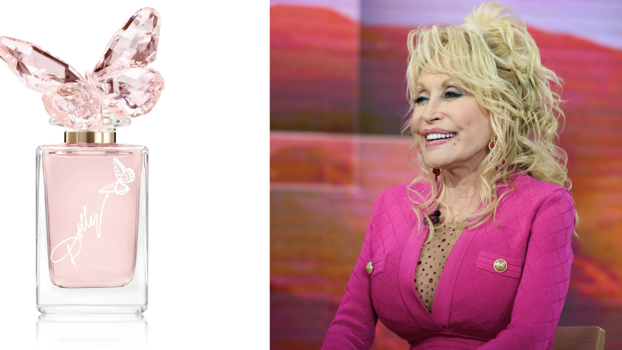 dolly parton wearing a pink shirt smiling, next to a pink bottle of perfume