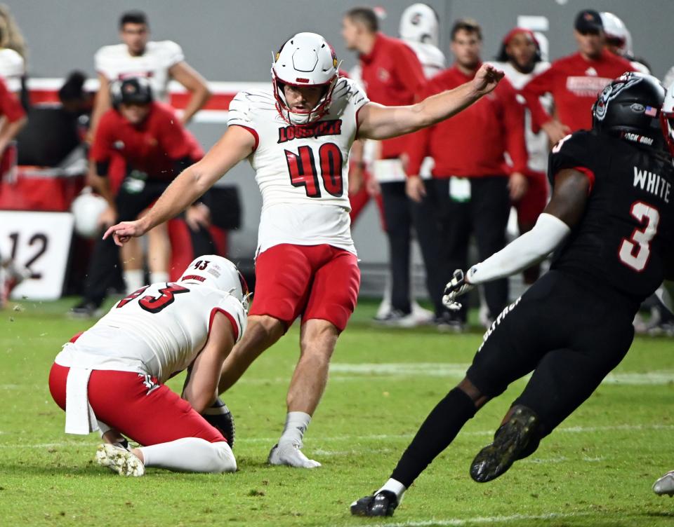 Cardinals kicker Brock Travelstead made a school-record 53-yard field goal earlier this season against N.C. State.