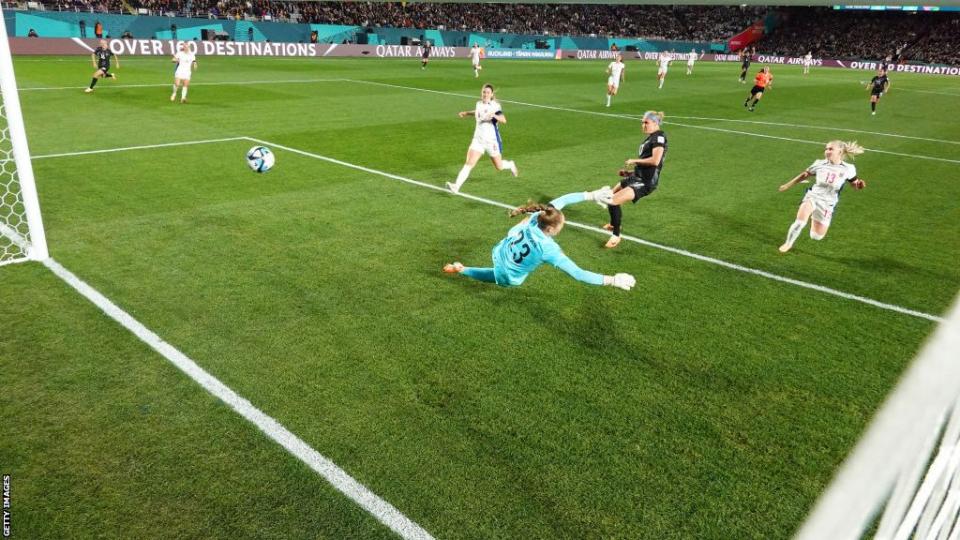 New Zealand's Hannah Wilkinson scores the winner in the first game of the 2023 Women's World Cup