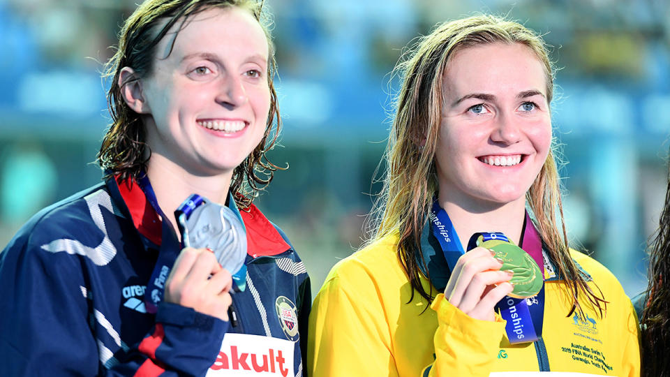 Katie Ledecky and Ariarne Titmus, pictured here at the 2019 world championships. 