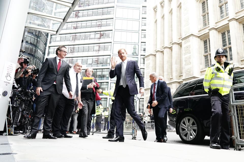 The Duke of Sussex arriving at the Rolls Buildings in central London to give evidence in the phone hacking trial against Mirror Group Newspapers (MGN). A number of high-profile figures have brought claims against MGN over alleged unlawful information gathering at its titles. Picture date: Wednesday June 7, 2023.