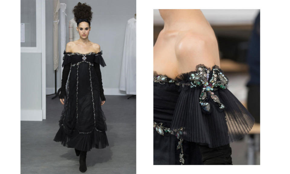 <p>A black off-shoulder evening dress from Chanel is a classic, but on closer inspection, you see the pleated tulle sleeve with a rich, jewel-embroidered bow to give the dress that extra wow. (<i>Photos: Getty Images)</i><br></p>