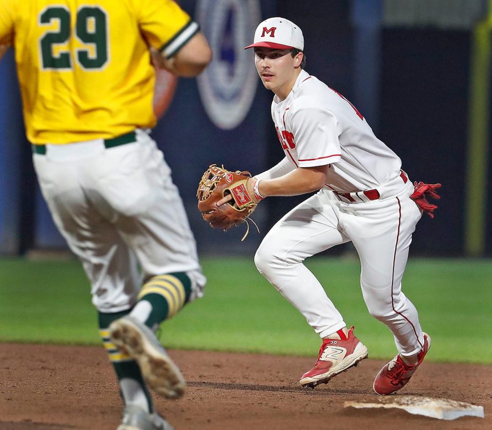 Shortstop Jimmy Fallon gets set to make a tag at second.
Milton High baseball wins the MIAA State Championship at Polar Park in Worcester on Friday June 16, 2023