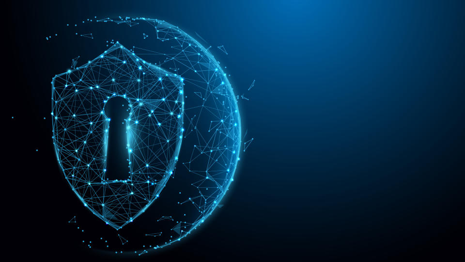 A cyber-security graphic, in the shape of a shield around a keyhole.