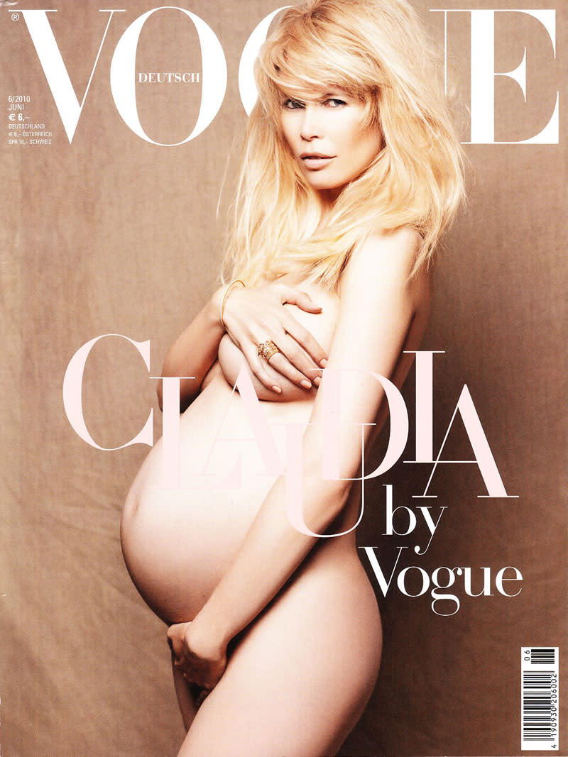 <p>Schiffer wore nothing but a bump for German <em>Vogue</em> in 2010.<br><em>[Photo: Vogue]</em> </p>