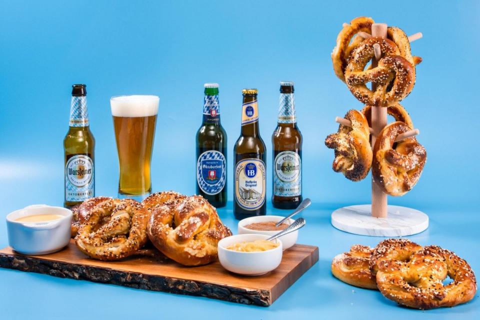 Beer and Bavarian pretzels set up in-studio.