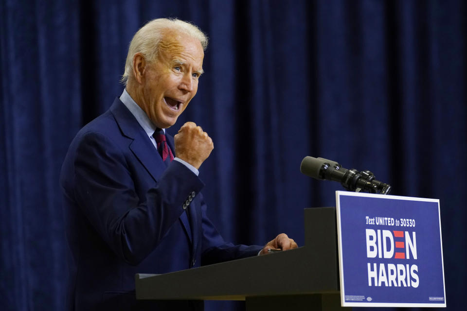 Democratic presidential candidate former Vice President Joe Biden speaks in Wilmington, Del., Friday Sept. 4, 2020. (AP Photo/Carolyn Kaster)