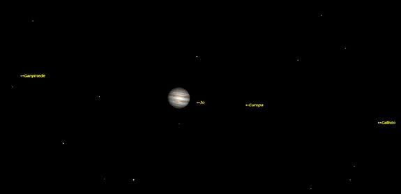 On February 28, at 8:00 p.m. EST, Jupiter shines. Low magnification shows the moons well.