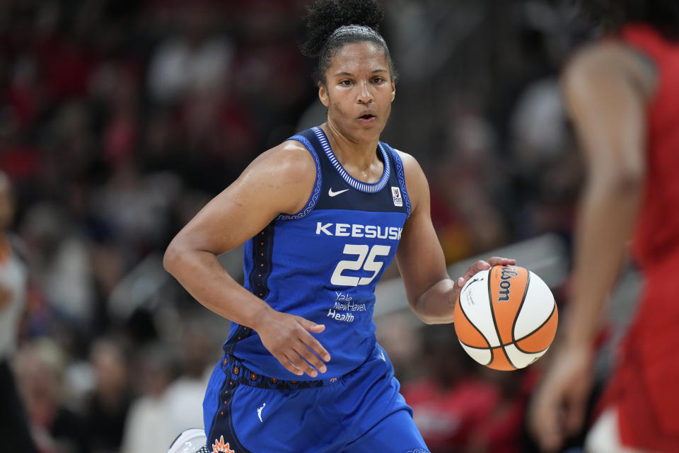 Connecticut Sun forward Alyssa Thomas in action against the Indiana Fever on May 19, 2023, in Indianapolis. (AP Photo/AJ Mast)