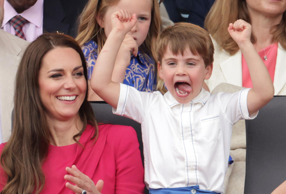 LONDON, ENGLAND - JUNE 05: Catherine, Duchess of Cambridge and Prince Louis of Cambridge watch the Platinum Jubilee Pageant from the Royal Box during the Platinum Jubilee Pageant on June 05, 2022 in London, England. The Platinum Jubilee of Elizabeth II is being celebrated from June 2 to June 5, 2022, in the UK and Commonwealth to mark the 70th anniversary of the accession of Queen Elizabeth II on 6 February 1952.  (Photo by Chris Jackson/Getty Images)