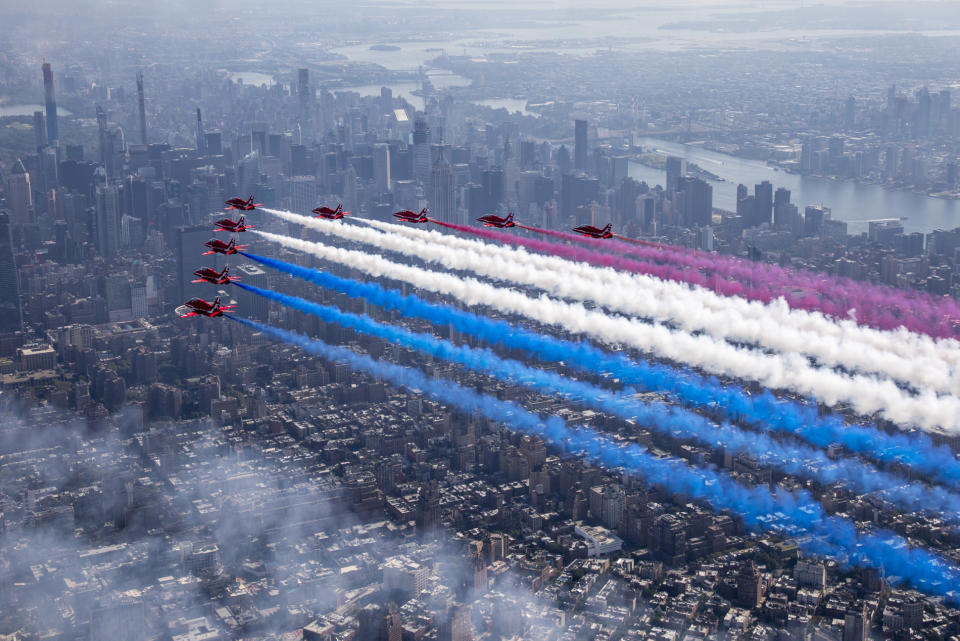 Image of the Royal Air Force Aerobatic Team, The Red Arrows flying over New York streaming the Red, White and Blue (Picture: UK MOD/Crown 2019)