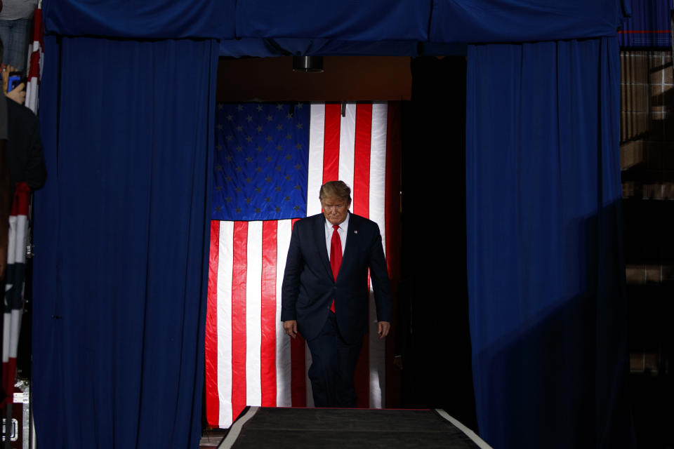 President Donald Trump arrives to speak at a campaign rally at the Santa Ana Star Center, Monday, Sept. 16, 2019, in Albuquerque, N.M. (AP Photo/Evan Vucci)