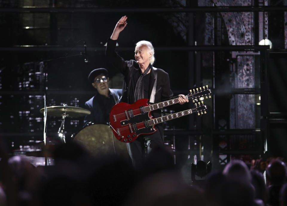 Jimmy Page performs during the Rock & Roll Hall of Fame Induction Ceremony on Friday, Nov. 3, 2023, at Barclays Center in New York. (Photo by Andy Kropa/Invision/AP)