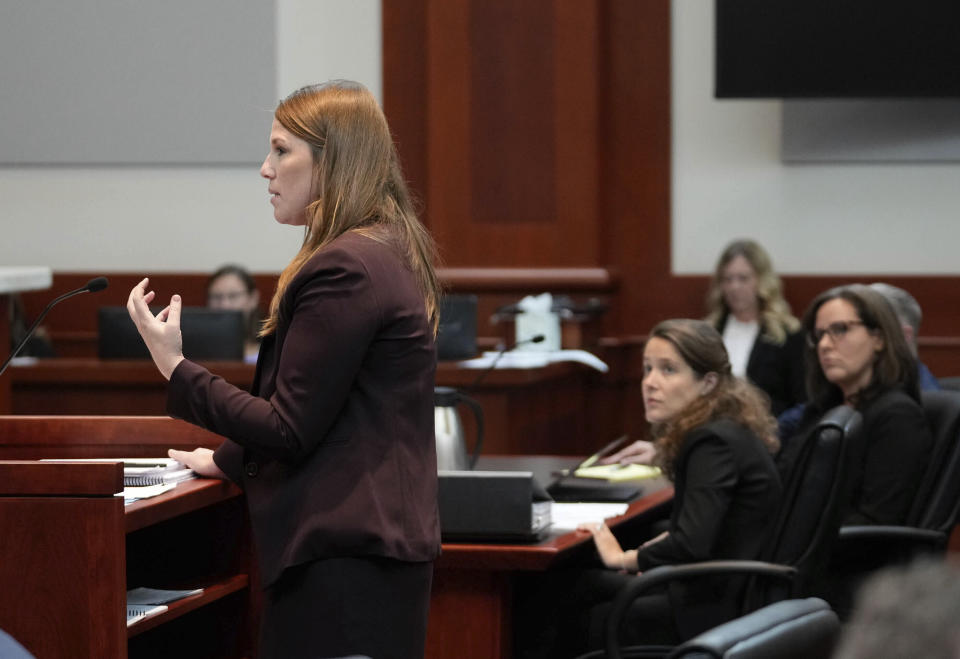 Attorney Taylor Meehan makes oral arguments before Utah's Supreme Court in support of the state's abortion trigger law, Tuesday, Aug. 8, 2023, in Salt Lake City. The state Supreme Court is weighing a lower court's decision to put a law banning most abortions on hold more than a year ago. (Francisco Kjolseth/The Salt Lake Tribune via AP, Pool)