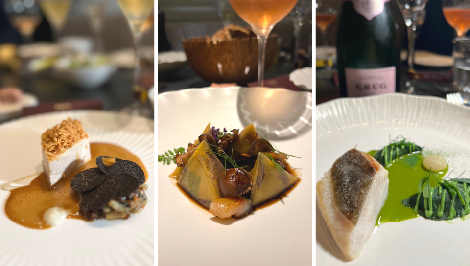 L to R: Guinea Fowl with Artichoke, Berlingots with Smoked Vanilla & Mushroom Puree, John Dory with Cardamom Leaves. (Photo: Stephanie Zheng)