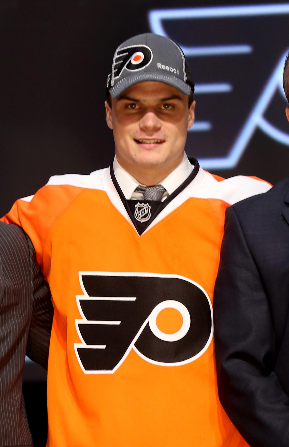 PITTSBURGH, PA - JUNE 22: Scott Laughton, 20th pick overall by the Philadelphia Flyers, poses on stage during Round One of the 2012 NHL Entry Draft at Consol Energy Center on June 22, 2012 in Pittsburgh, Pennsylvania. (Photo by Bruce Bennett/Getty Images)