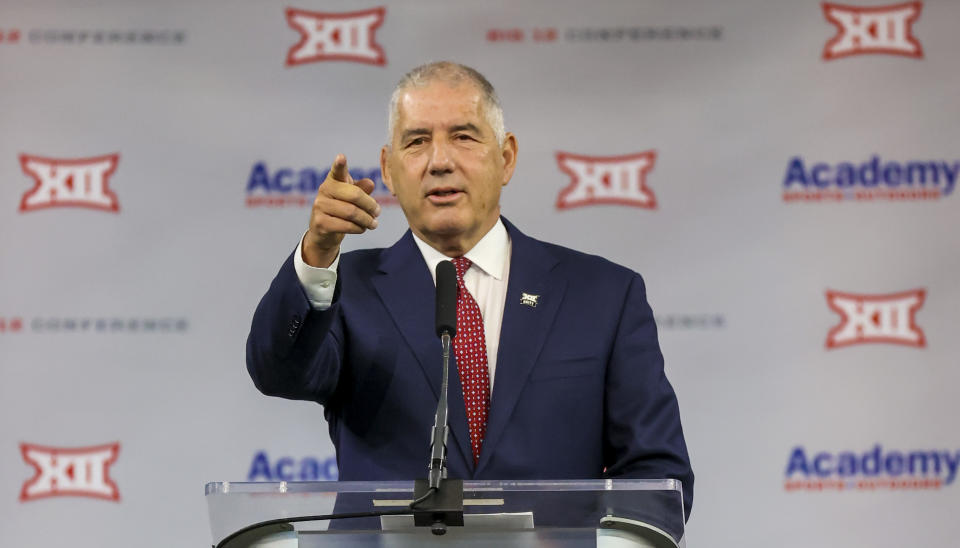 Jul 14, 2021; Arlington, TX, USA;  Big 12 Commissioner Bob Bowlsby speaks to the media during Big 12 media days at AT&T Stadium. Mandatory Credit: Kevin Jairaj-USA TODAY Sports