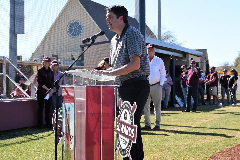 McMurry vice president for student affairs and intercollegiate athletics Sam Ferguson speaks during the dedication of Edwards Field on Feb. 16, 2020. The War Hawks opened the field with a doubleheader against Southwestern following the ceremony.