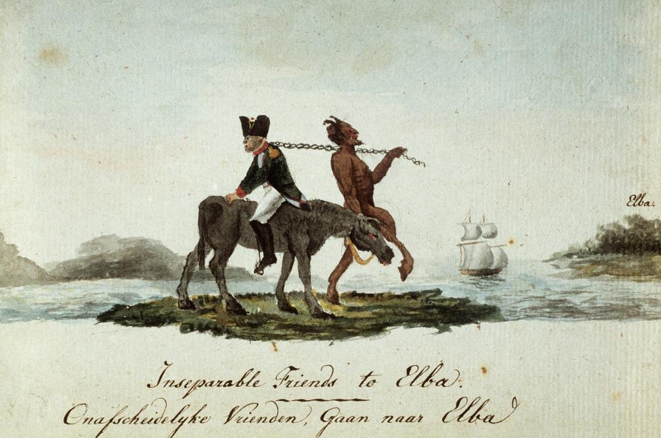 A drawing of the cloven-hooved devil guiding Napoleon to exile on the Island of Elba with a chain around his neck, sitting on a donkey.