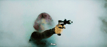 Laura saying "Pep" and firing a gun