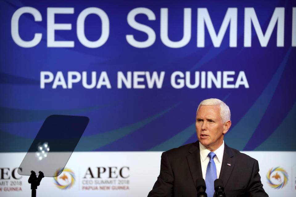 U.S. Vice President Mike Pence speaks at the APEC CEO Summit at the Pacific Explorer cruise ship docked in Port Moresby, Papua New Guinea, Saturday, Nov. 17, 2018. (AP Photo/Mark Schiefelbein)