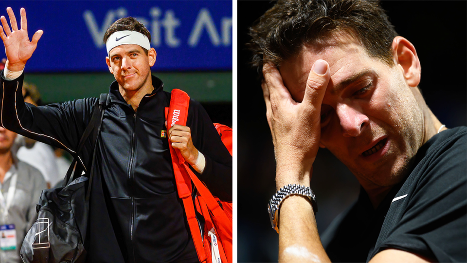 Juan Martin del Potro (pictured left) waving to the crowd and (pictured right) in tears due to his farewell.