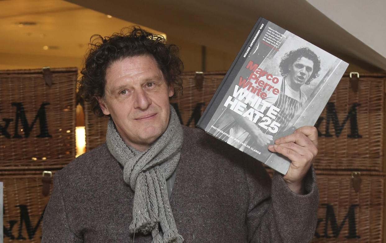 Marco Pierre White at Fortnum & Mason in London, signing his new book White Heat 25, a 25th anniversary edition of his classic cookbook, White Heat. 