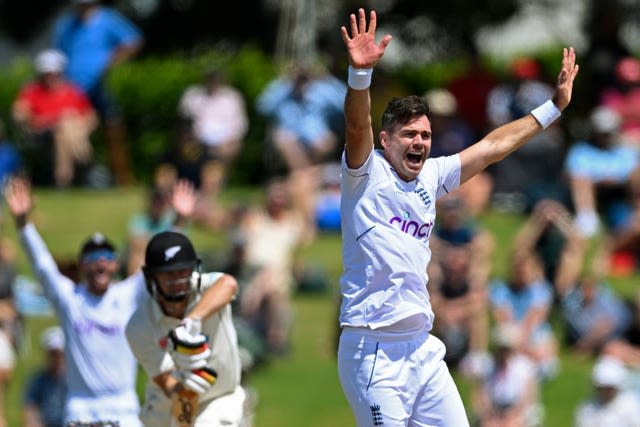 England’s James Anderson appeals successfully for a LBW decision against New Zealand (Andrew Cornaga/AP)