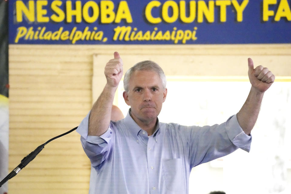 Democrat Brandon Presley, a candidate for governor in November, gives his supporters a thumbs up after speaking to the crowd at the Neshoba County Fair in Philadelphia, Miss., Thursday, July 27, 2023. Presley is currently one of three public service commissioners. (AP Photo/Rogelio V. Solis)