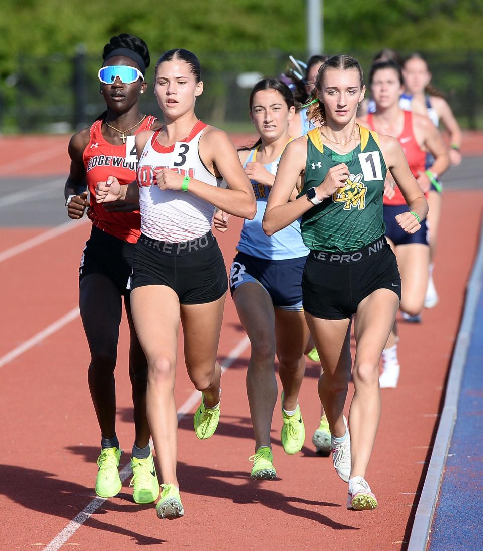 North Hagerstown's Lauren Stine (3) leads the Class 3A girls 3,200-meter run during the Maryland State Track & Field Championships. Stine won the race in 10:47.08.