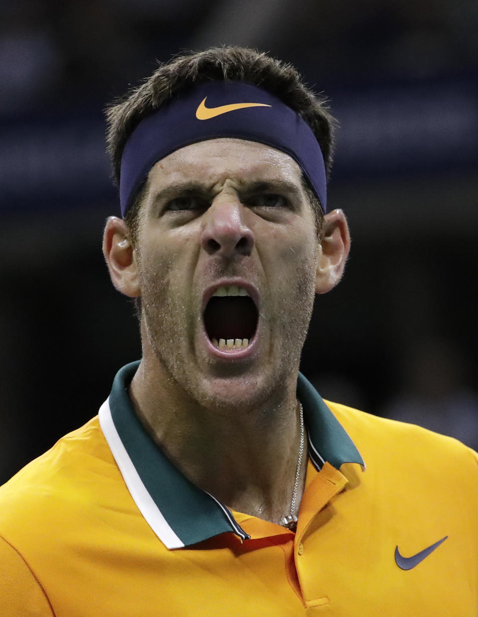 Juan Martin del Potro, of Argentina, reacts after breaking the serve of Novak Djokovic, of Serbia, during the men's final of the U.S. Open tennis tournament, Sunday, Sept. 9, 2018, in New York. (AP Photo/Julio Cortez)