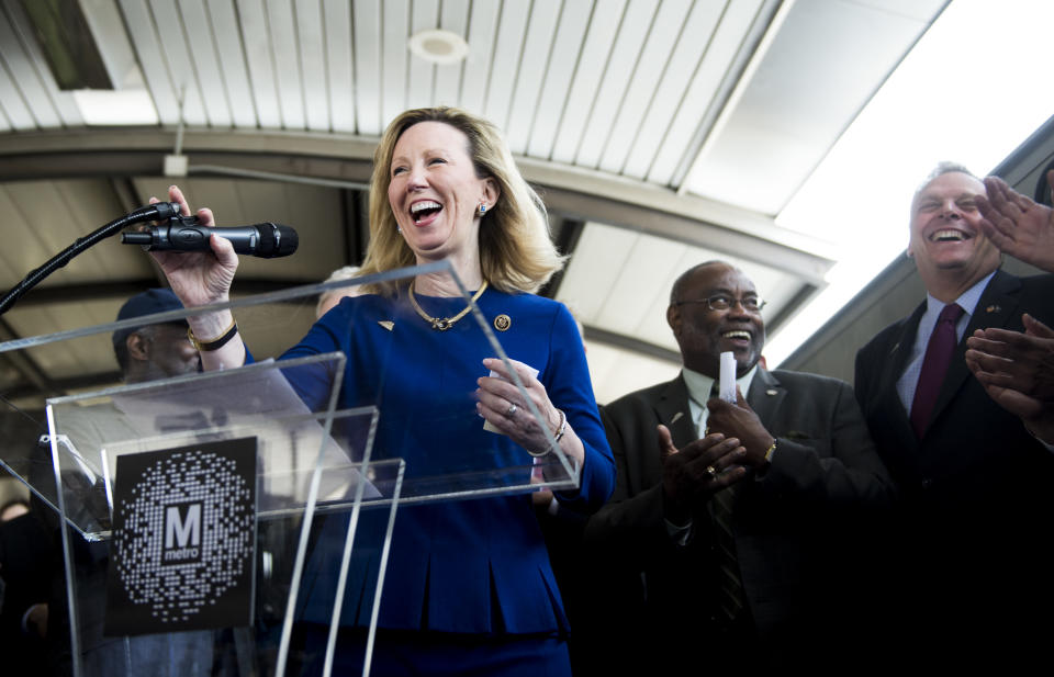 Comstock speaks at a press conference in 2015 at Reagan National Airport during the Washington Metropolitan Area Transit Authority media preview of new Metro trains. (Photo: Bill Clark/CQ Roll Call)