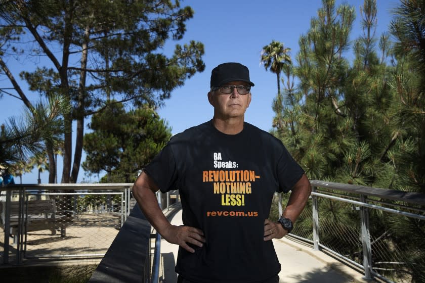 SANTA MONICA, CA -JUNE 29, 2020: Gregory "Joey" Johnson, 63, who was the defendant in a landmark 1989 Supreme Court case, Texas v Johnson, where the Supreme Court ruled that burning an American flag is a protected form of expression under the First Amendment, is photographed at Tongva Park in Santa Monica on June 29, 2020. Johnson is a member of the Revolutionary Communist Party and has been burning flags ever since. He has often been arrested, but charges are always dropped. He's planning to burn a flag on July 4, 2020, to protest Donald Trump's recent suggestion that flag burning be outlawed again. (Mel Melcon / Los Angeles Times)