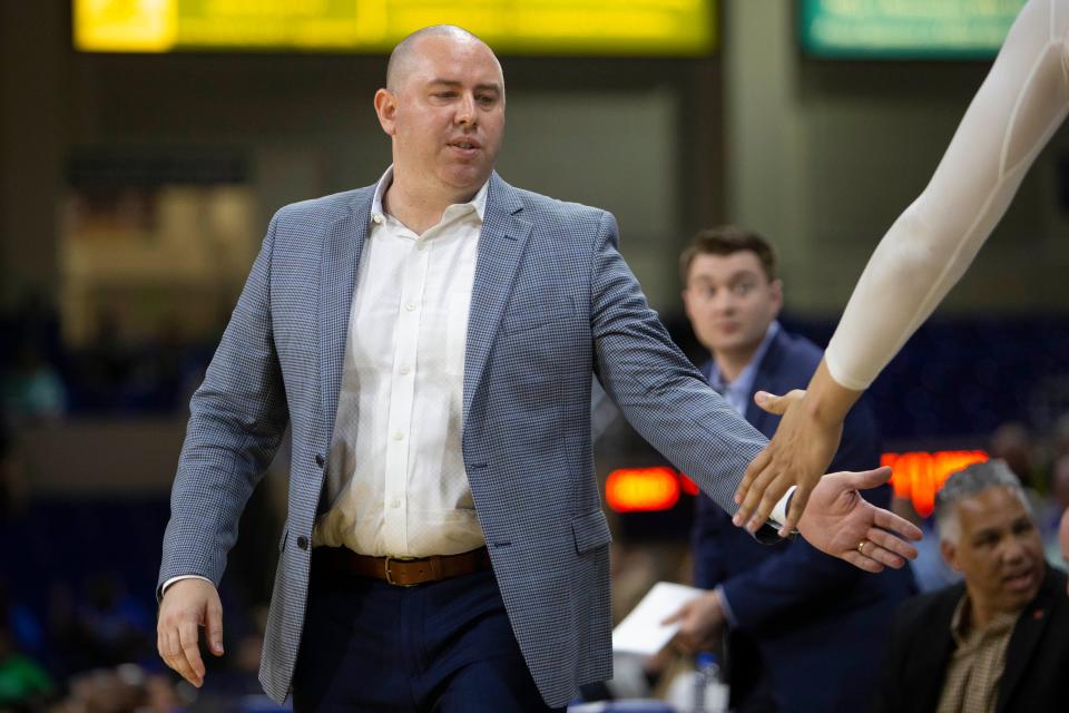 Florida Gulf Coast Eagles head coach Michael Fly reacts during the second half of The Basketball Classic presented by Eracism first-round matchup between the Detroit Mercy Titans and the Florida Gulf Coast Eagles, Wednesday, March 16, 2022, at Alico Arena in Fort Myers, Fla.Florida Gulf Coast Eagles defeated the Detroit Mercy Titans 95-79.