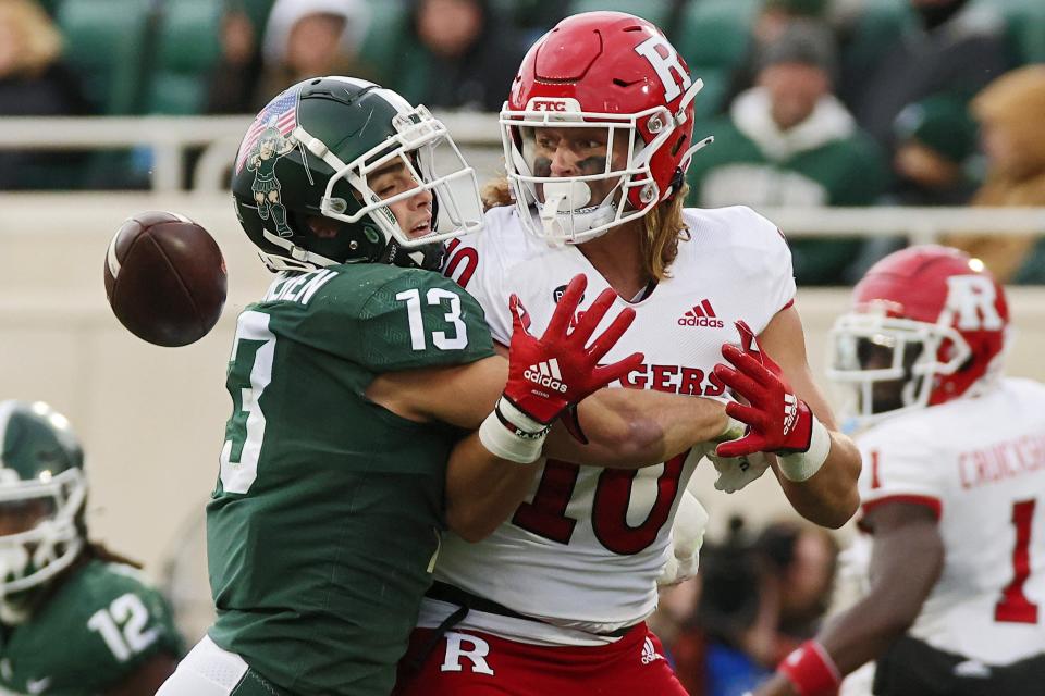 Michigan State's Ben VanSumeren breaks up a pass intended for Matt Alaimo of the Rutgers Scarlet Knights in the first half at Spartan Stadium on Nov. 12, 2022 in East Lansing.
