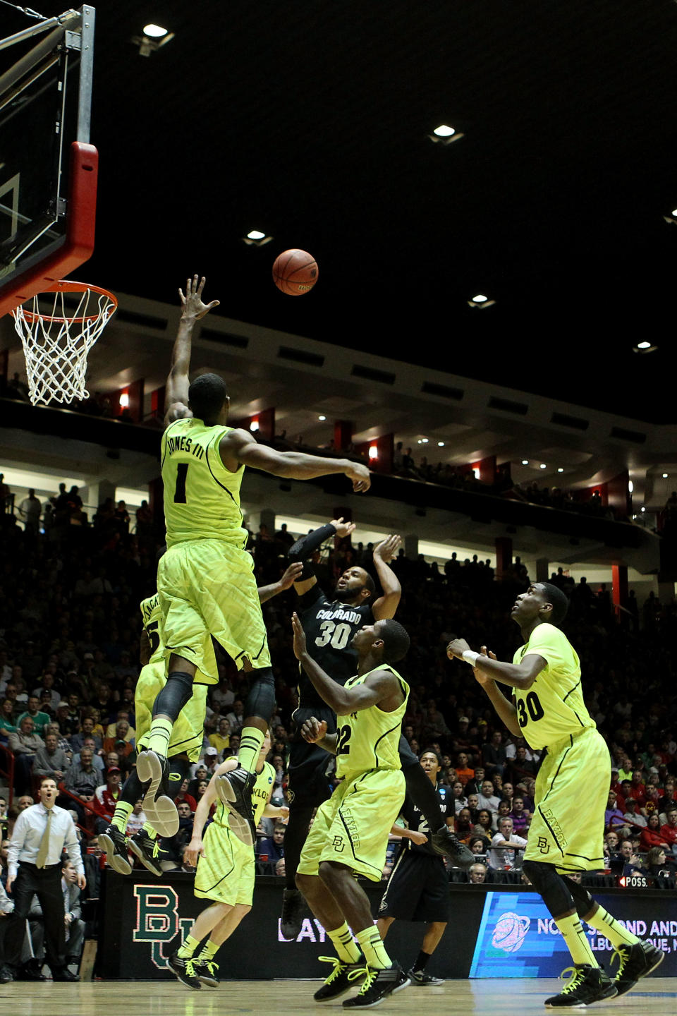 ALBUQUERQUE, NM - MARCH 17: Carlon Brown #30 of the Colorado Buffaloes shoots against Perry Jones III #1 of the Baylor Bears in the first half during the third round of the 2012 NCAA Men's Basketball Tournament at The Pit on March 17, 2012 in Albuquerque, New Mexico. (Photo by Christian Petersen/Getty Images)