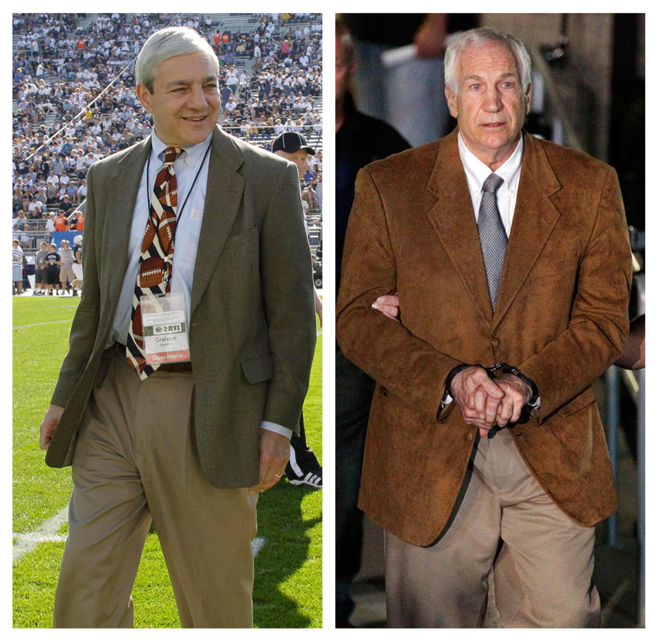 In this file photo combo, at left, in an Oct. 8, 2011 file photo, Penn State president Graham Spanier walks on the field before an NCAA college football game in State College, Pa. At right, former Penn State University assistant football coach Jerry Sandusky leaves the Centre County Courthouse in custody after being found guilty of multiple charges of child sexual abuse in Bellefonte, Pa., Friday, June 22, 2012. For more than two decades, colleges and universities have been required to publicly share details of campus crimes and report murders, rapes, robberies, arson and other serious offenses to the federal government. That requirement was apparently unheeded by former Penn State president Spanier, other top officials and the larger ranks of university employees responsible for student safety, the recently released investigation into Sandusky's sex-abuse scandal concluded. (AP Photo/Gene J. Puskar, File)