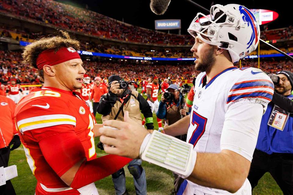 <p>Ryan Kang via AP</p> Kansas City Chiefs quarterback Patrick Mahomes (15) and Buffalo Bills quarterback Josh Allen (17) after an NFL football game against the Buffalo Bills, Sunday, Dec. 10, 2023, in Kansas City, Mo. The Bills defeated the Chiefs, 20-17