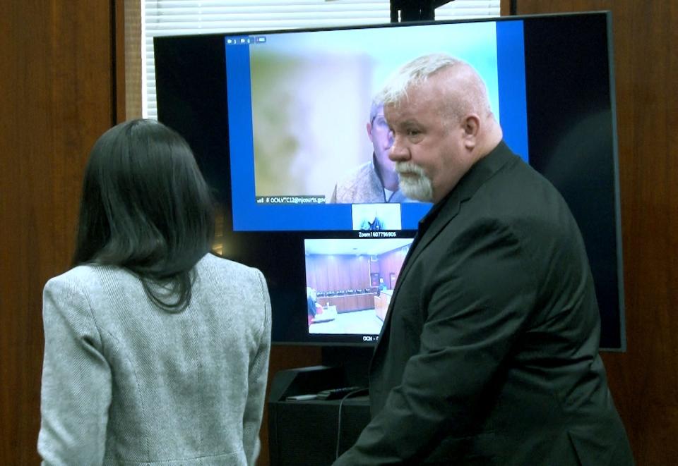 Edward Chandler looks to his attorney Monika Mastellone after he pled guilty to the aggravated assault of 78-year-old Robert Clark outside the Lacey Diner, that killed him. Superior Court Judge Kinmarie Rahill presided over the hearing in Toms River Thursday, January 18, 2024.