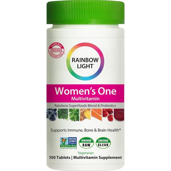 A bottle of Rainbow Light multivitamins.