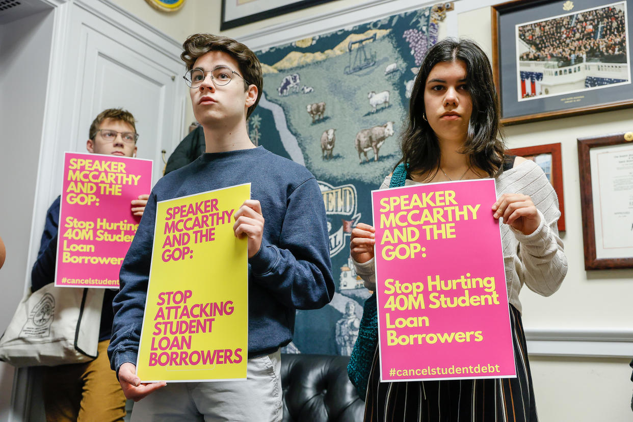 WASHINGTON, DC - MAY 09: Student loan borrowers stage a Sit-In on Capitol Hill at the office of U.S. Speaker of the House Kevin McCarthy (R-CA) to urge him to stop trying to block student debt cancellation on May 09, 2023 in Washington, DC.  During the sit-in, National ADAPT (American Disabled for Attendant Programs Today) started their own sit-in fighting for medicad and housing for the disabled. (Photo by Jemal Countess/Getty Images for We, The 45 Million )