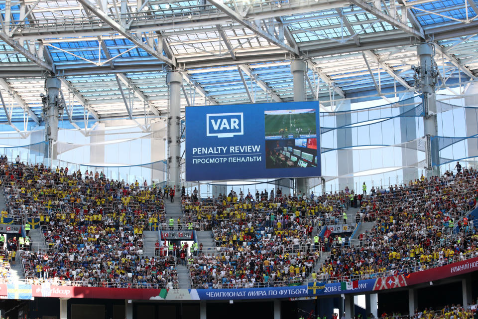 Fans in Nizhny Novgorod await the VAR verdict during Sweden v South Korea. (Getty)