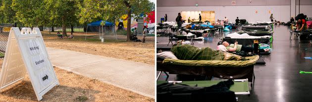 Left: Portland residents linger near a misting station in Lents Park during a heatwave in Portland. Right: People rest at the Oregon Convention Center cooling station.