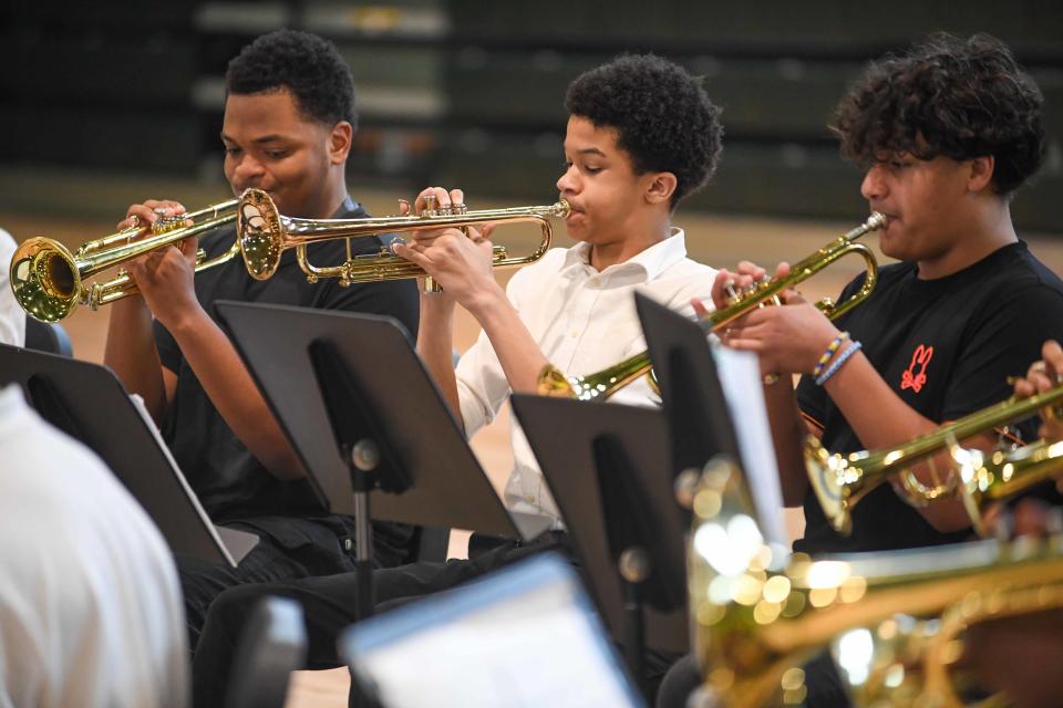 The JCM Band performs "Lovely Day" during the JCM Black History Month Celebration inside Jackson Central-Merry High School on Wednesday, Feb. 28, 2024.