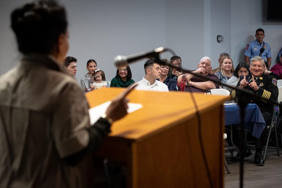 Corpus Christi Fire Chief Robert Rocha is recognized by Mayor Paulette Guajardo during his retirement ceremony on Friday, Jan. 20, 2023, in Texas.