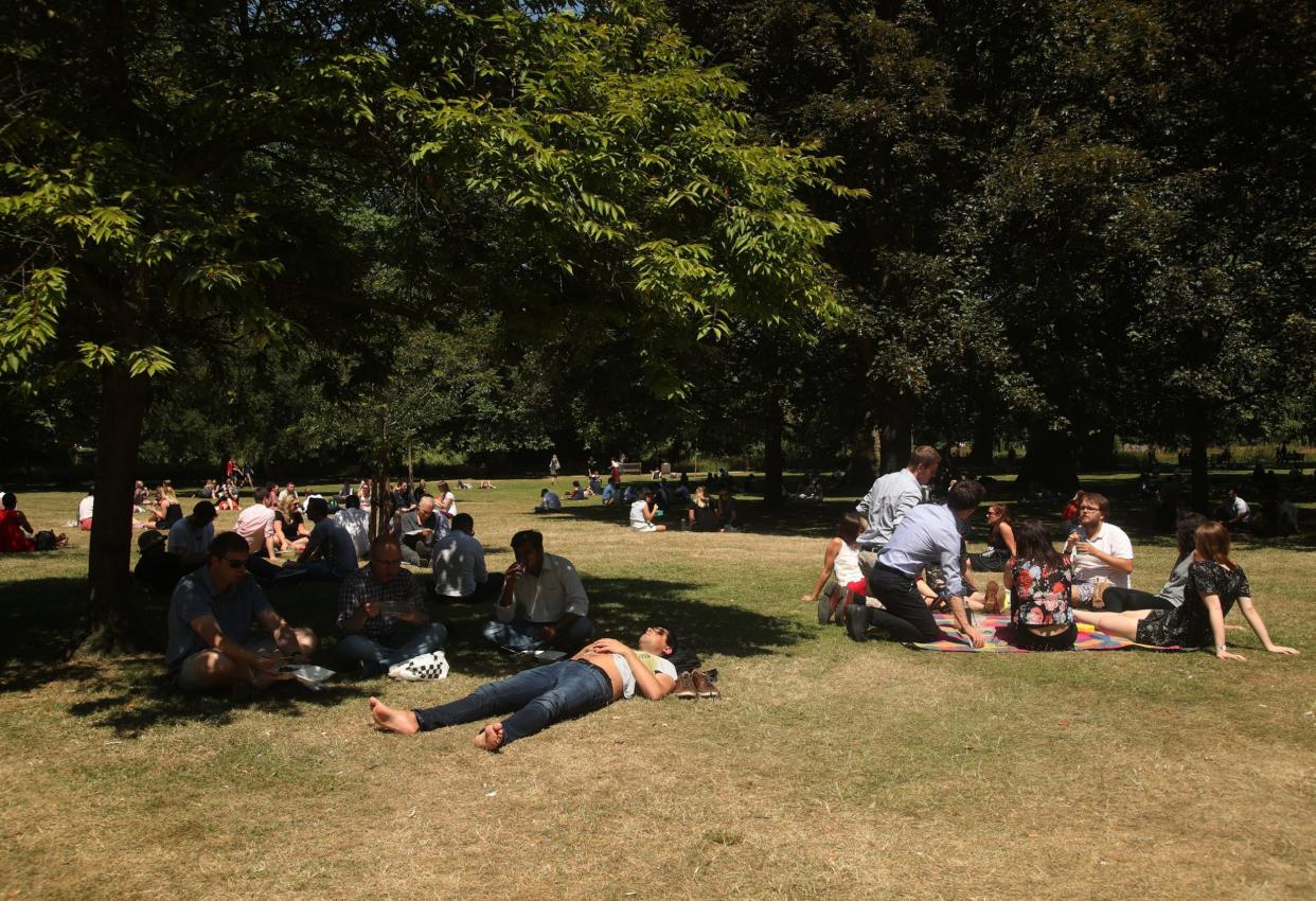 Hot weather: Londoners shelter under a tree as the grass turns yellow in St James's Park: PA