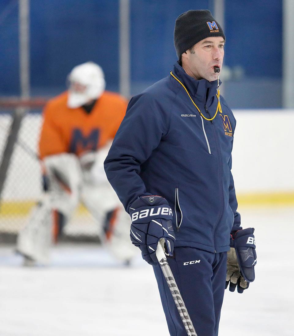 Milton Academy boys hockey coach Paul Cannata at practice on Tuesday February 7, 2023 