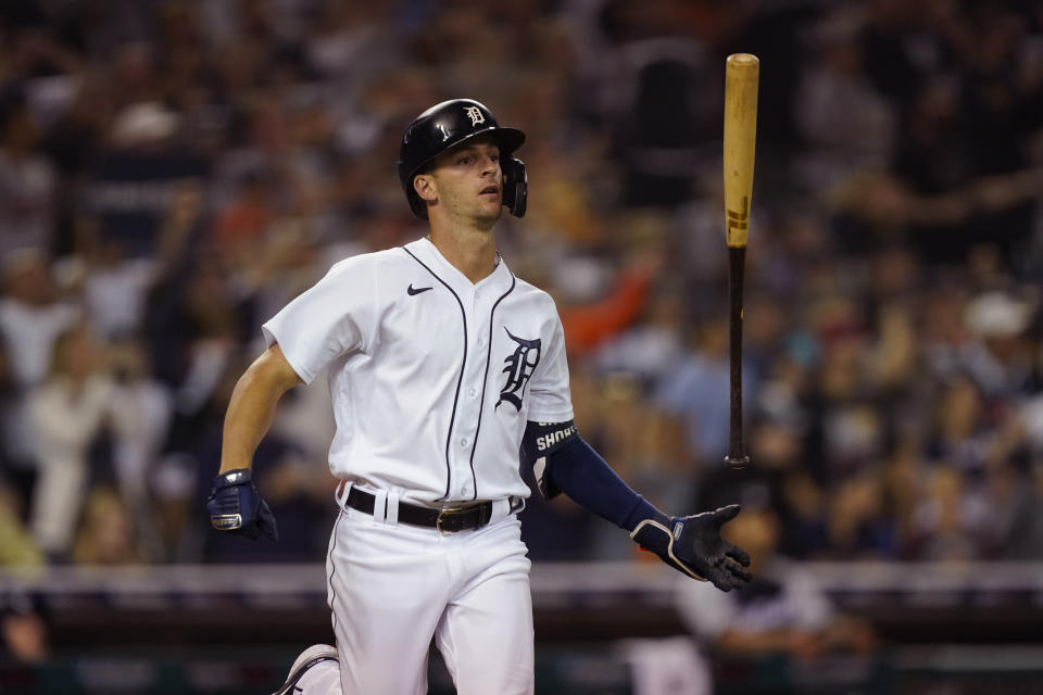 Detroit Tigers' Zack Short flips his bat after lining out to Baltimore Orioles shortstop Ramon Urias during the eighth inning of a baseball game, Friday, July 30, 2021, in Detroit. (AP Photo/Carlos Osorio)