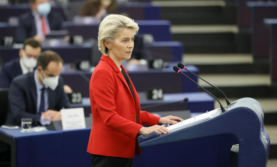 European Commission president Ursula von der Leyen delivers her speech Tuesday, Oct. 19, 2021 at the European Parliament in Strasbourg, eastern France. The European Union's top official locked horns Tuesday with Poland's prime minister Mateusz Morawiecki, arguing that a recent ruling from the country's constitutional court challenging the supremacy of EU laws is a threat to the bloc's foundations and won't be left unanswered. (Ronald Wittek, Pool Photo via AP)